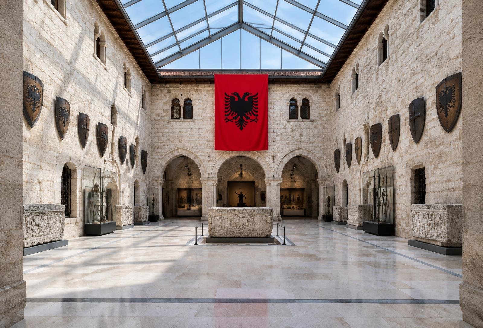 Historic Albanian museum courtyard displaying the national flag